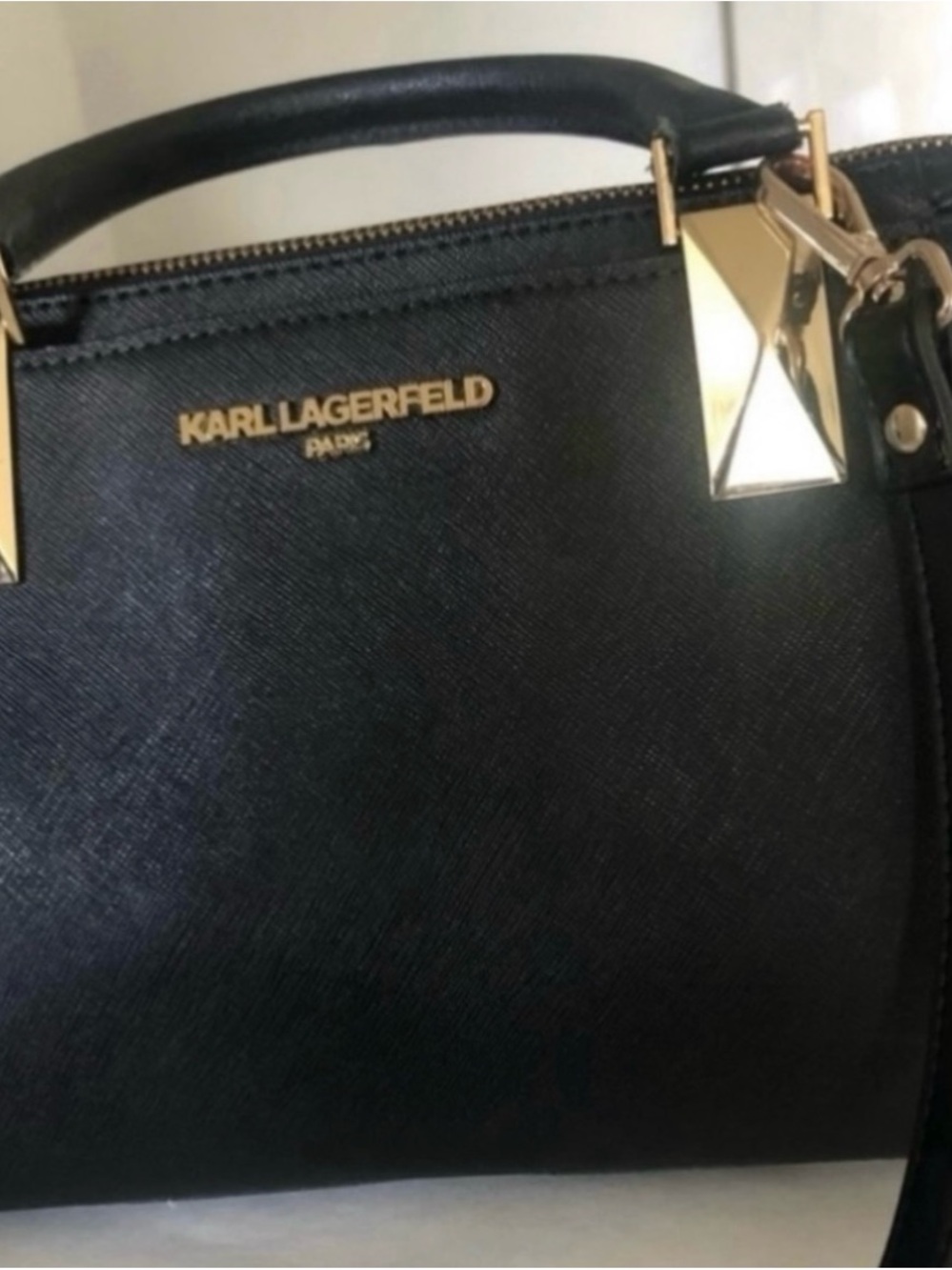 Karl Lagerfeld Black Saffiano Leather Satchel with Gold Hardware